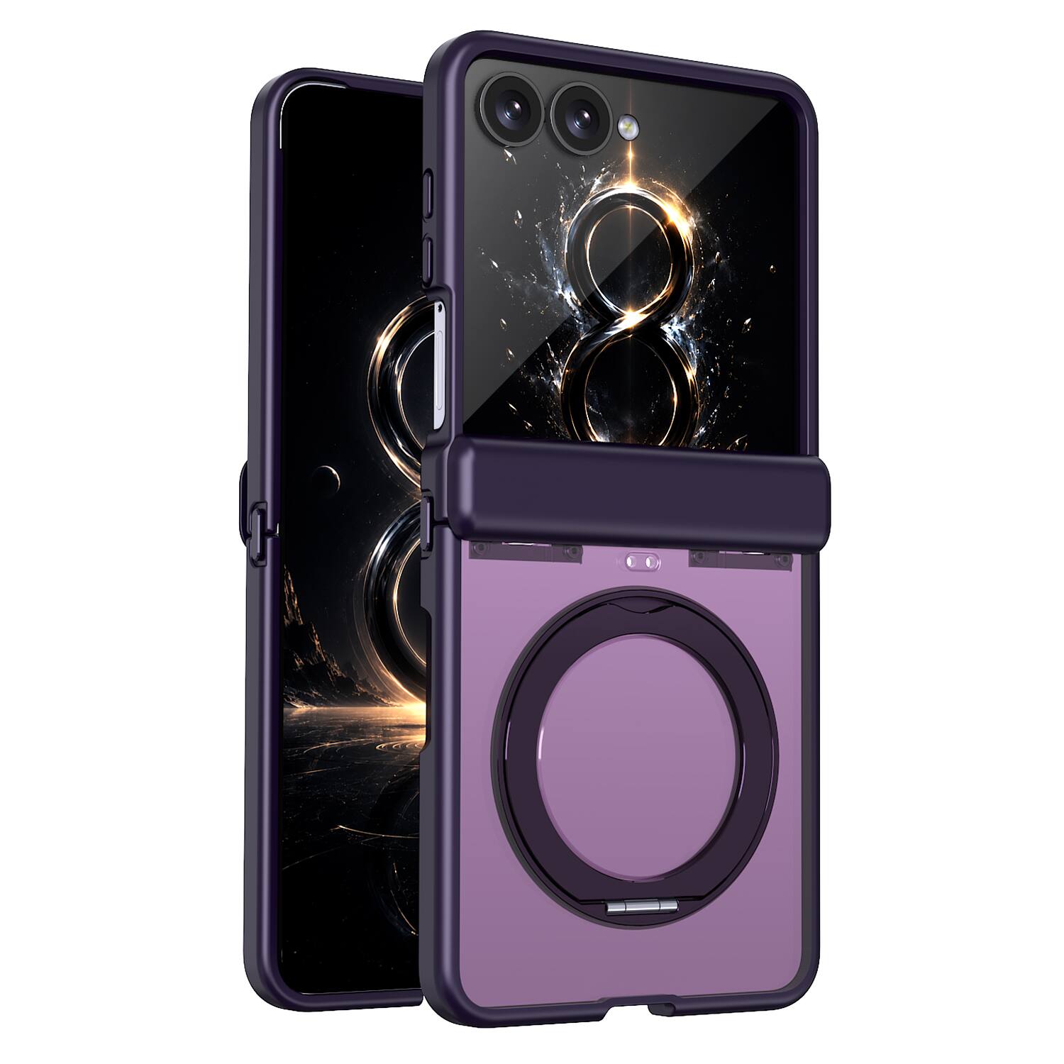Left. Dteck - Magnetic Case for Samsung Galaxy Z Flip8 with Aluminum Stand, Matte Shockproof Auto Spring Hinge Protective Cover - Purple.