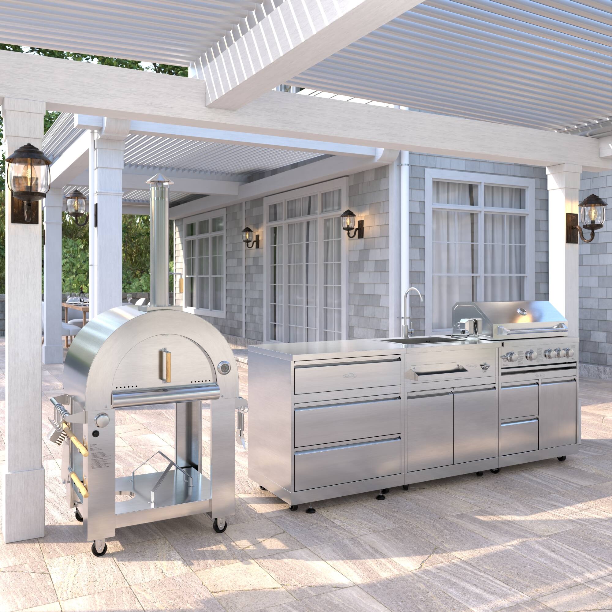Left. Koolmore - Outdoor Modular Kitchen with a Dual Fuel Pizza Oven, 3 Drawer Cabinet, Sink, 30 in. BBQ Grill and Cabinet - Stainless Steel.