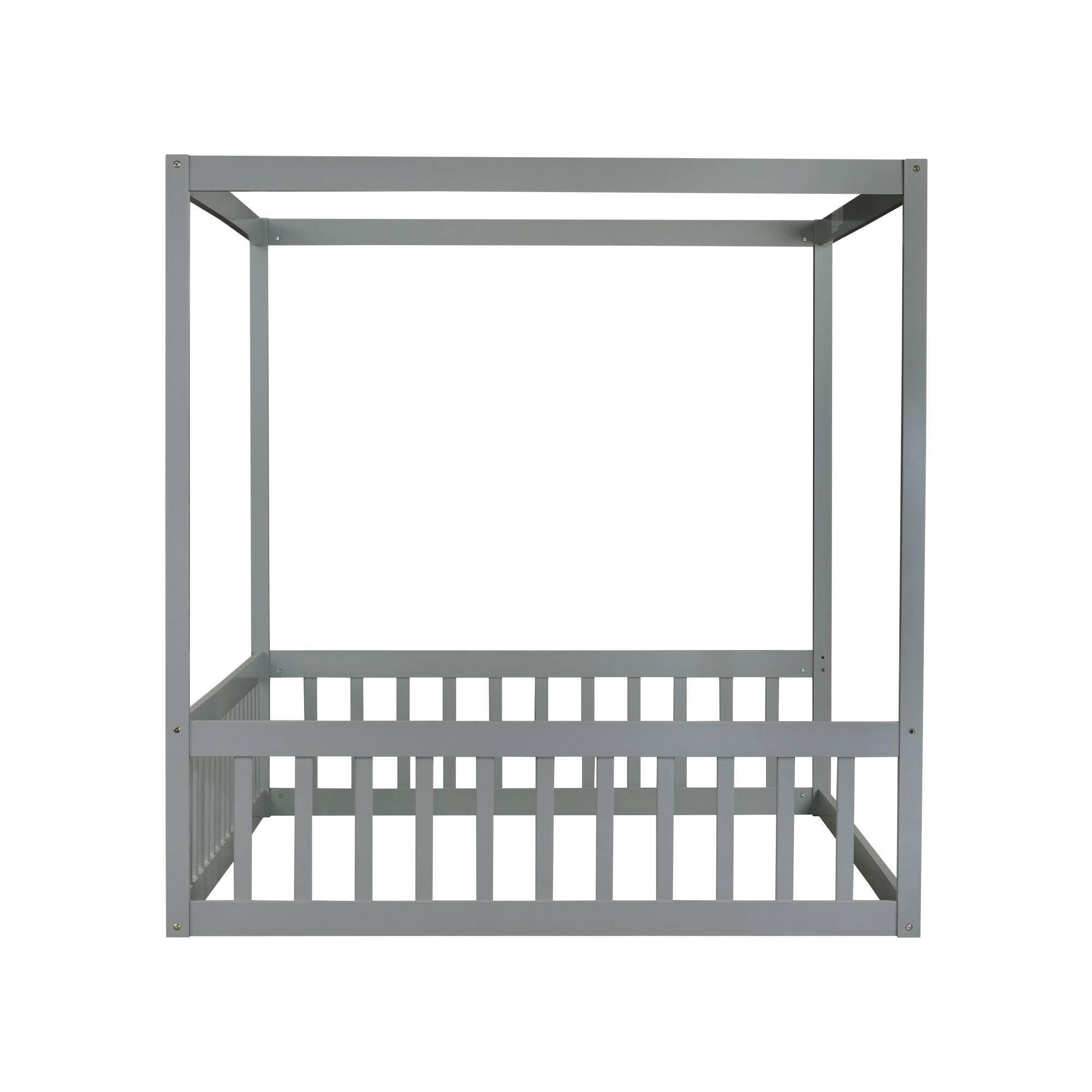 Alt View 9. GOODSILO - Full Size Canopy Frame Floor Bed with Safety Guardrails - Grey.