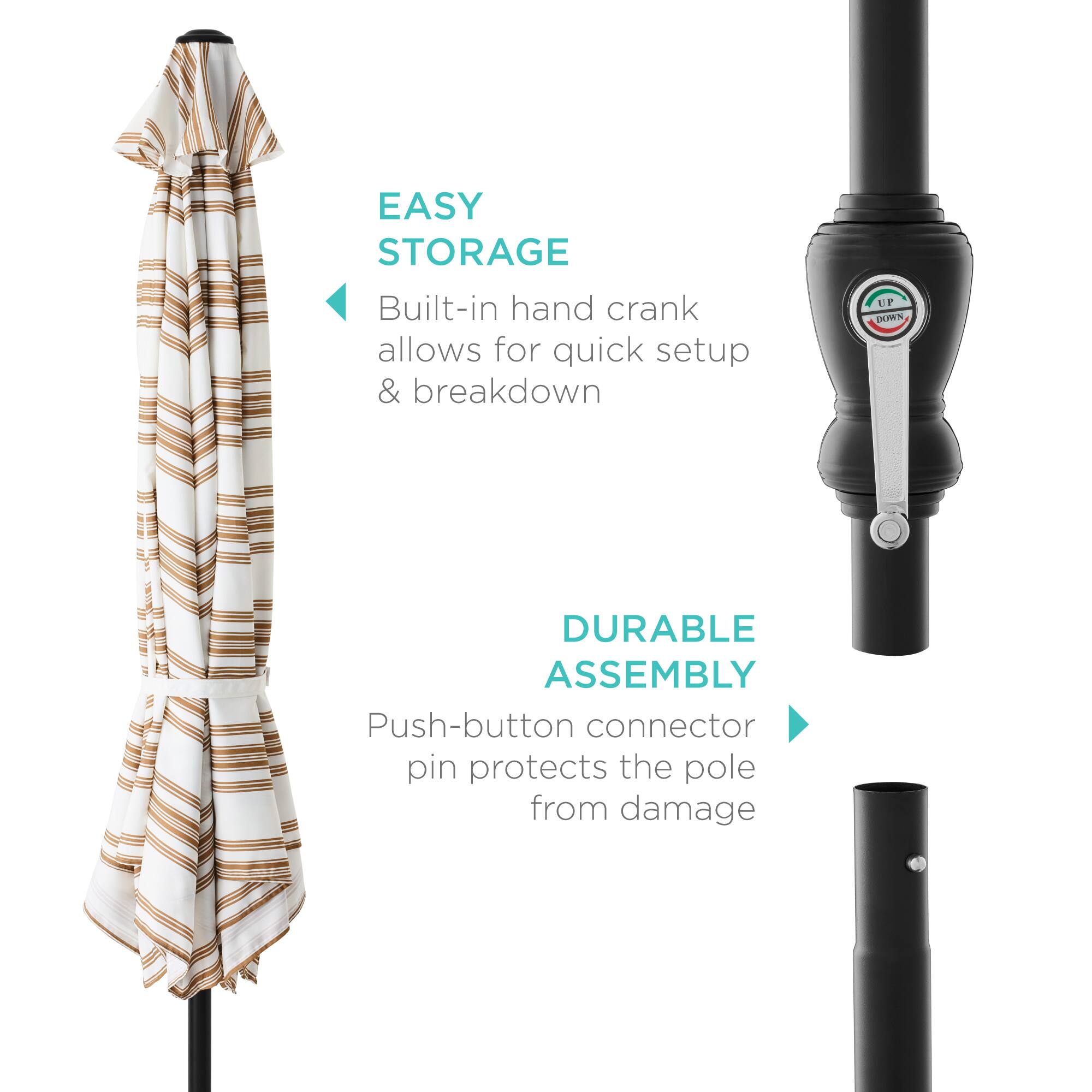 EASY STORAGE: Built-in hand crank allows for quick setup & breakdown.

DURABLE ASSEMBLY: Push-button connector pin protects the pole from damage.