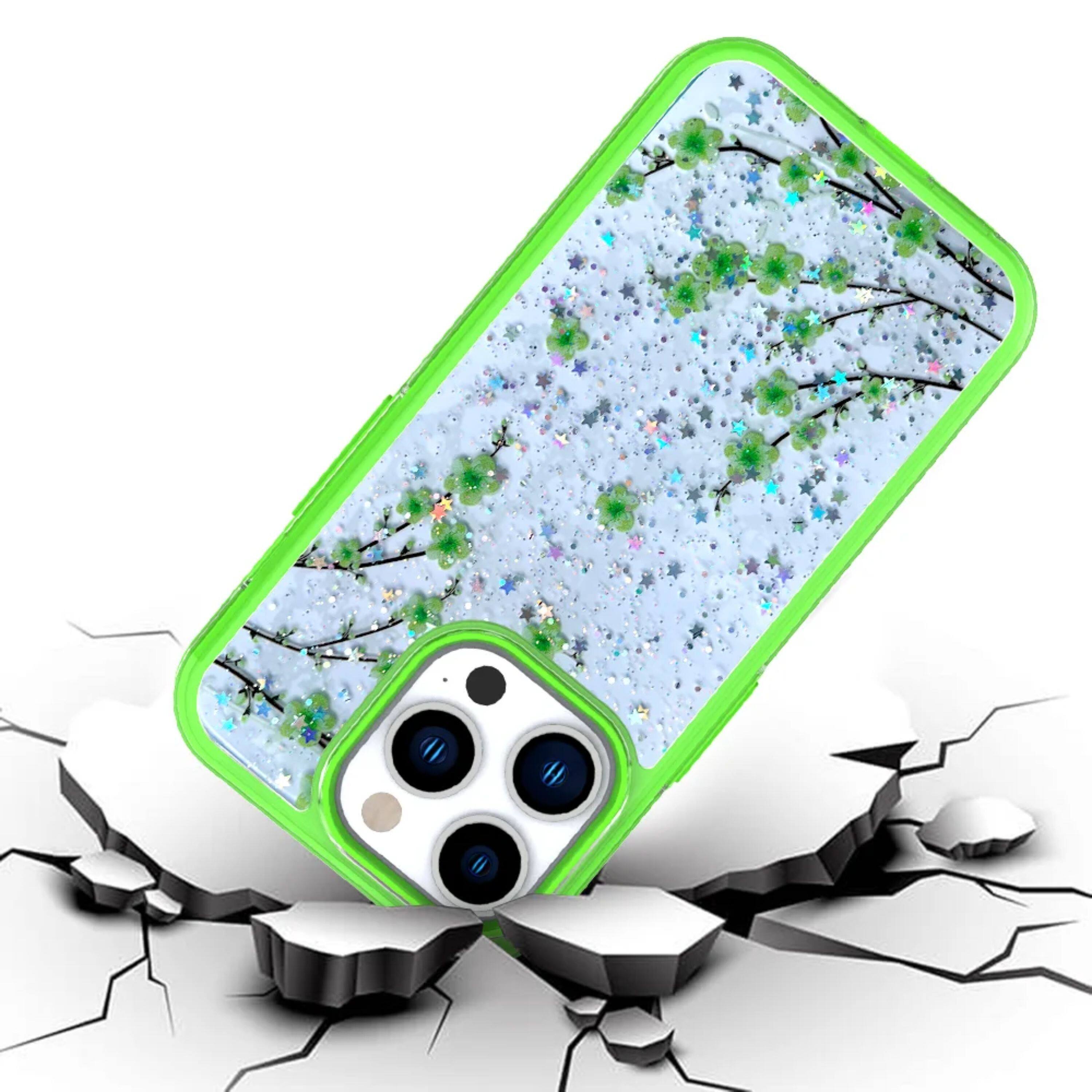 Left. Kitcheniva - Floral Epoxy Glitter Colorful Frame Hybrid Phone Case For iPhone 14 Pro - Green.