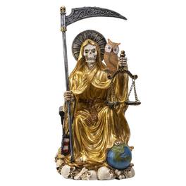 Pacific Trading - Sitting Santa Muerte in Gold Gown with Owl and Scale Figurine 9 Inch