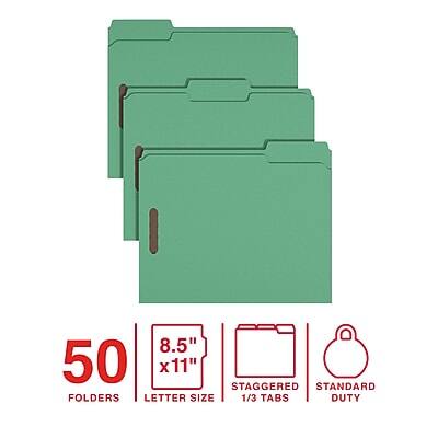 50 Folders  
8.5" x 11" Letter Size  
Staggered 1/3 Tabs  
Standard Duty