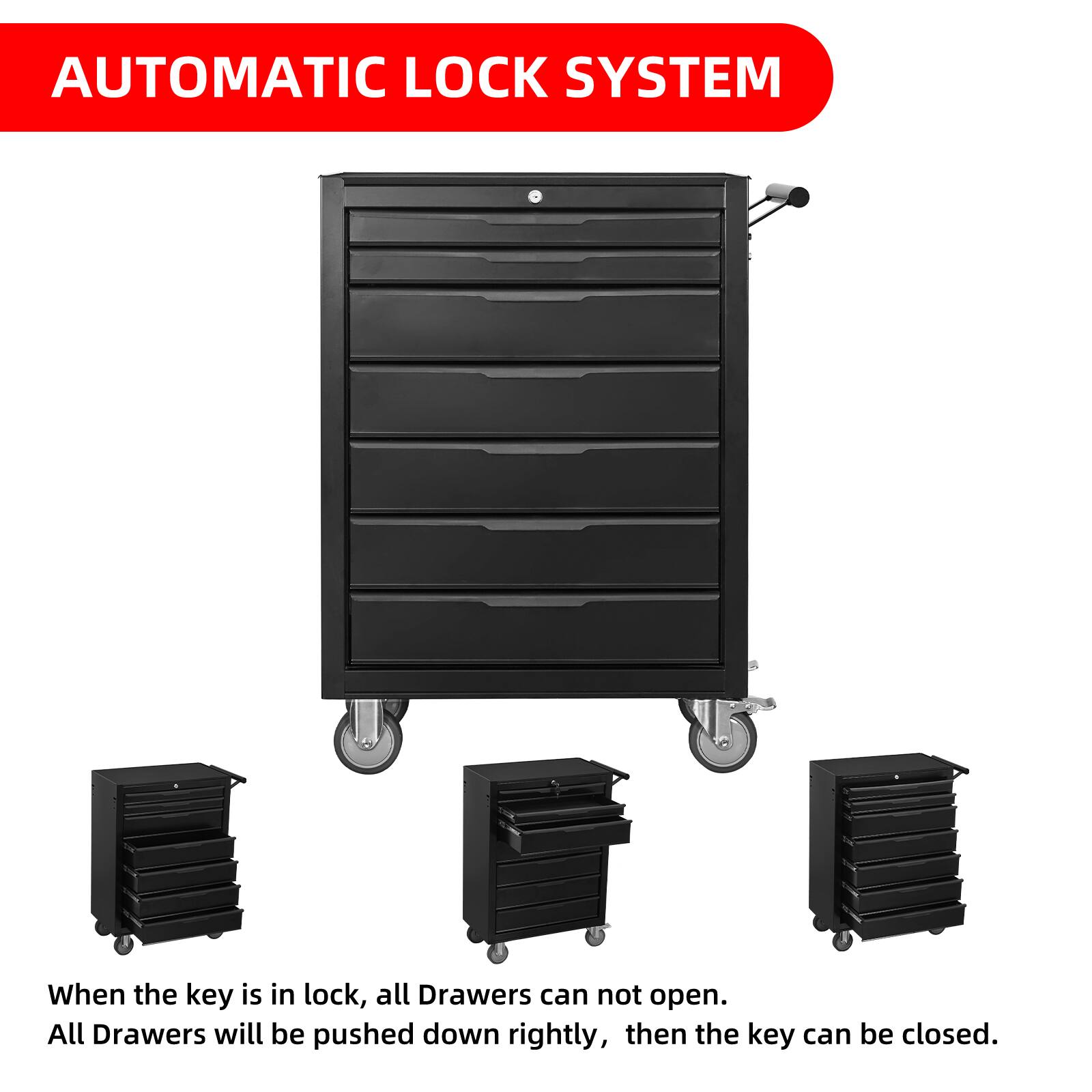 AUTOMATIC LOCK SYSTEM

When the key is in lock, all Drawers can not open. All Drawers will be pushed down rightly, then the key can be closed.