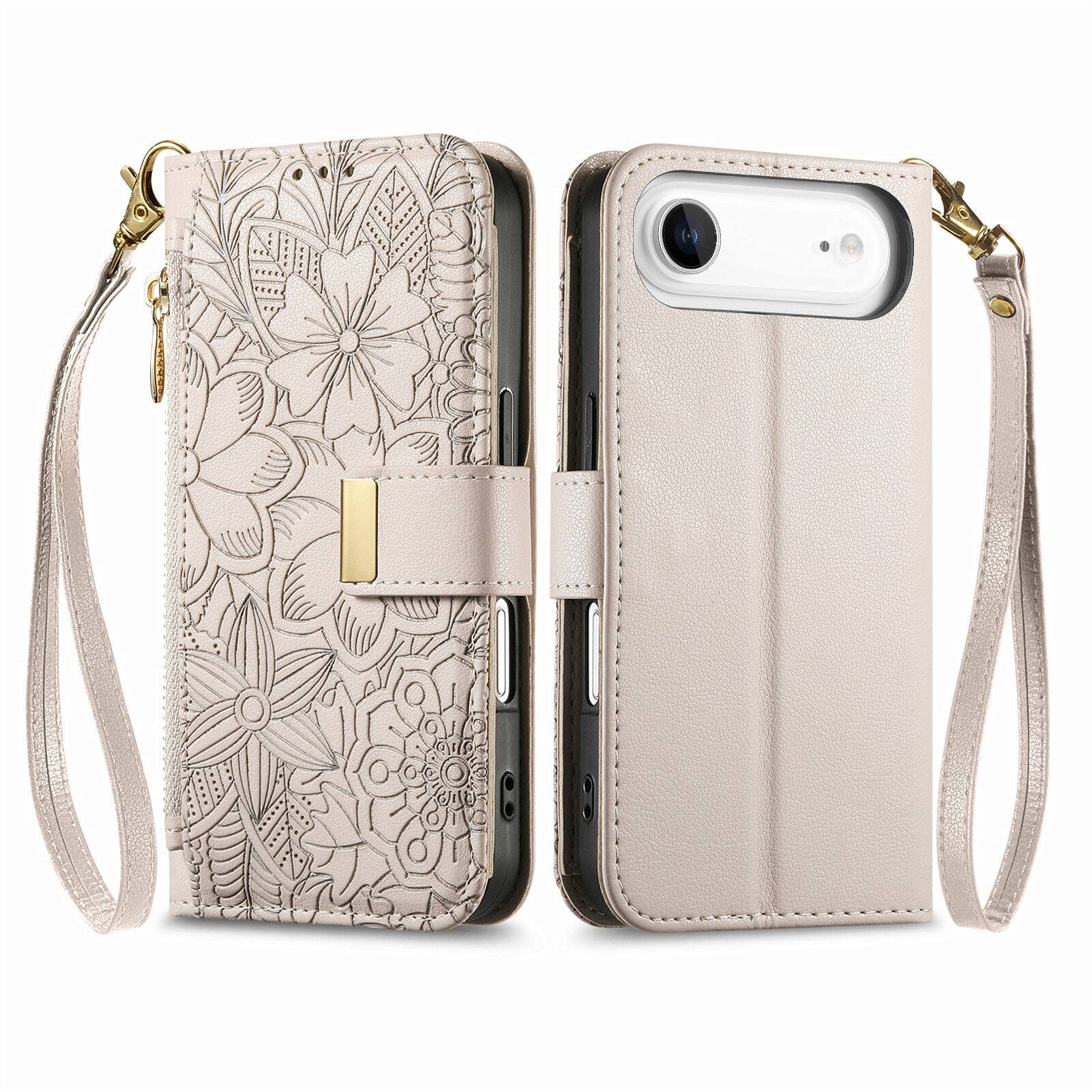 Angle. UUCOVER - Floral PU Leather Wallet Case for Apple iPhone Air with Zipper Pocket, Card Slots,Shoulder & Wrist Strap, Stand Cover - Beige.