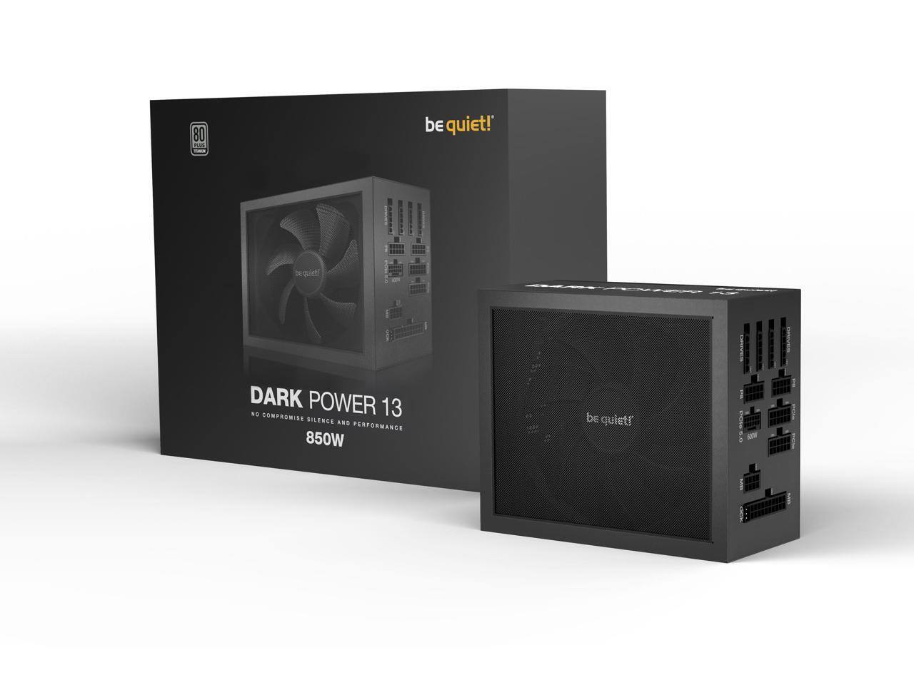 be quiet!  
DARK POWER 13  
NO COMPROMISE  
SILENCE AND PERFORMANCE  
850W  

80 PLUS  
GOLD