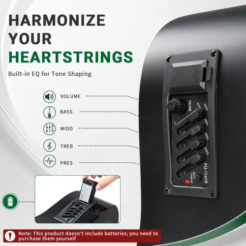 HARMONIZE YOUR HEARTSTRINGS  
Built-in EQ for Tone Shaping  
VOLUME  
BASS  
MIDD  
TREB  
PRES  
CHECK  
EQ-7545R  

Note: This product doesn't include batteries; you need to purchase them yourself