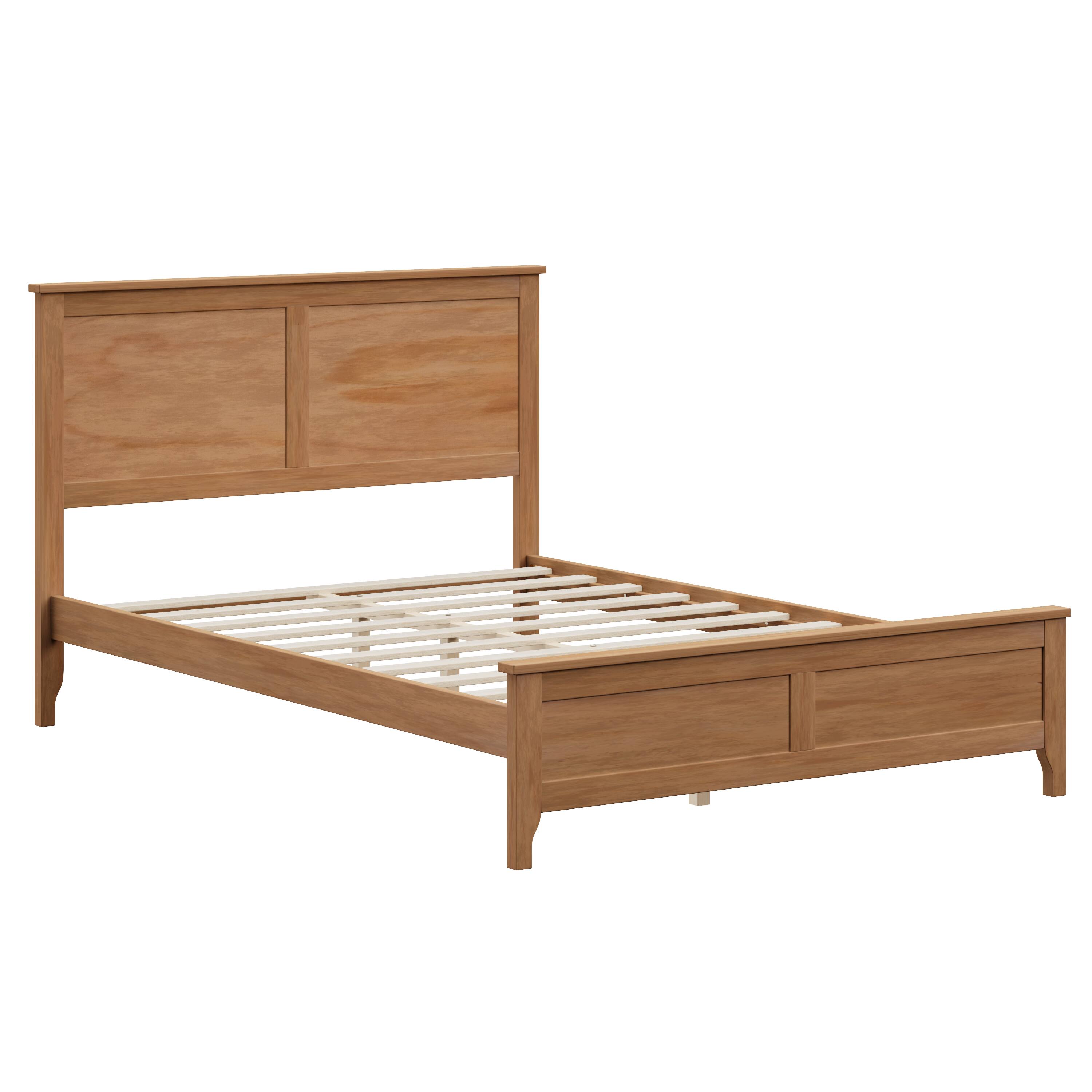 Left. LUCKY ONE - Full Size Solid Wood Platform Bed with Sturdy Wooden Slats Support - Brown.