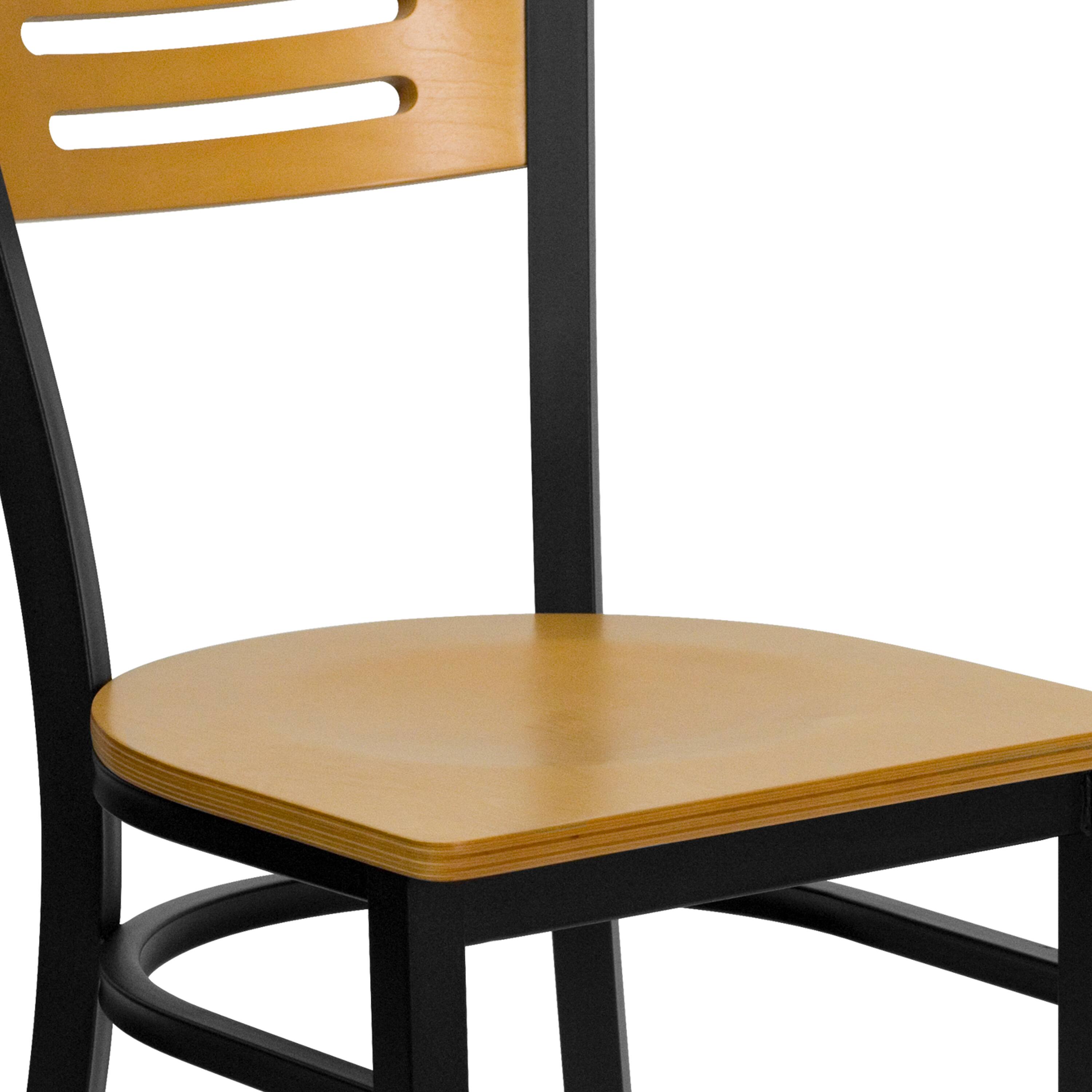 Alt View 9. Emma + Oliver - Slat Back Metal Restaurant Dining Chair - Natural Wood Back/Natural Wood Seat/Black Metal.