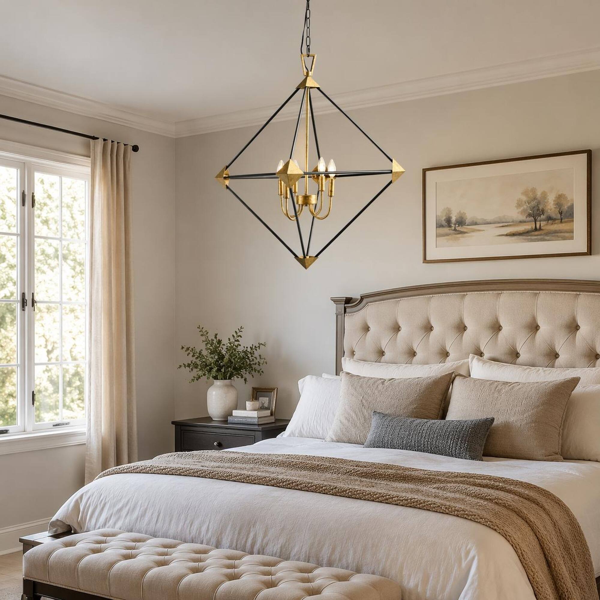 Back. RYHNUYNE - Modern 4‑Light Lantern Chandelier, Metal Hanging Pendant Light Fixture for Dining Room Foyer - Black+Gold.