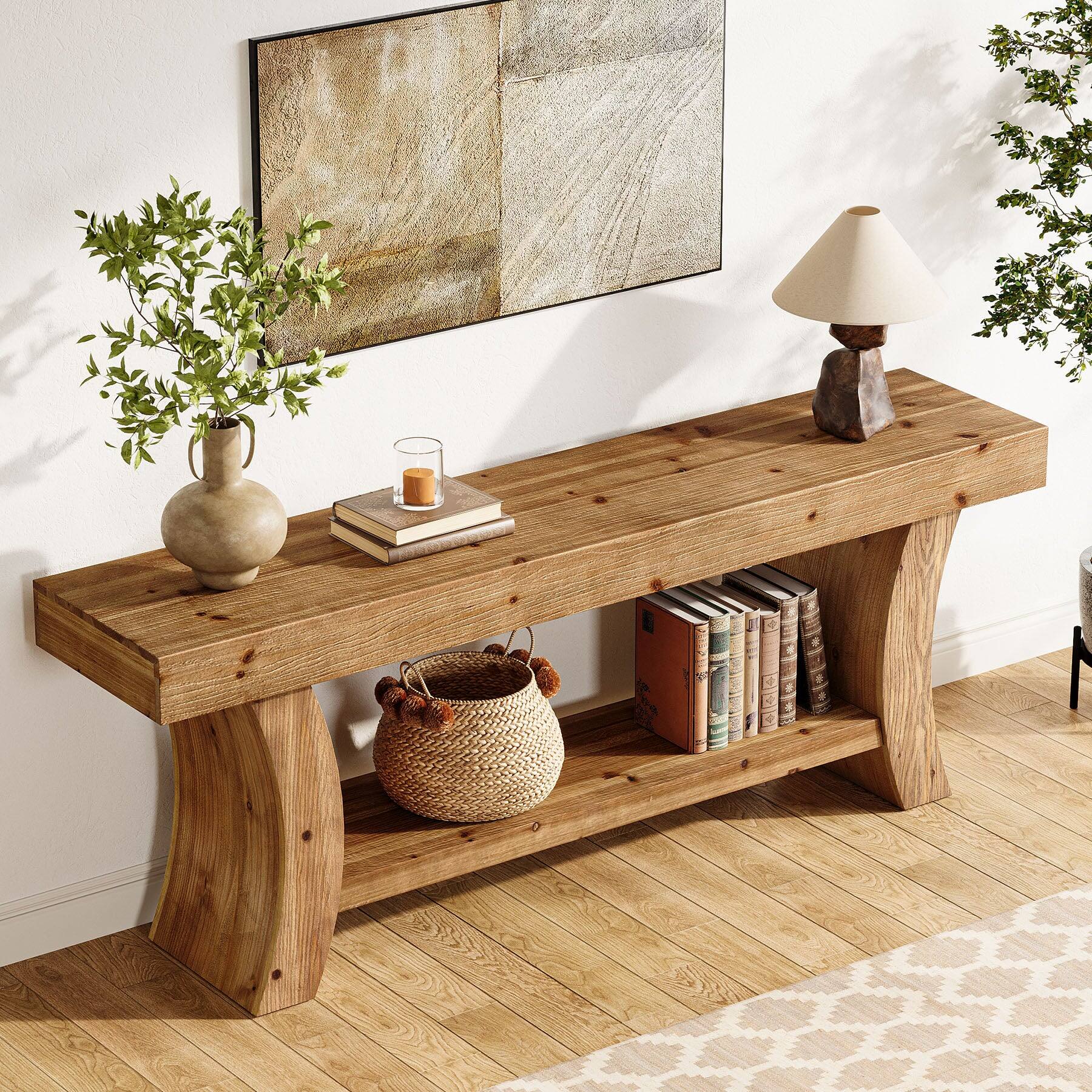 Alt View 1. Tribesigns - Farmhouse Solid Wood Console Table with Storage Shelves and Rectangular Top for Entryway and Living Room - Brown.