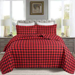 MarCielo - 3 Pcs Plaid Check Quilt Bedspread Set - Red buffalo