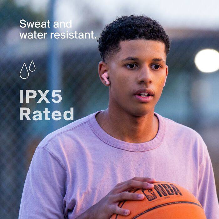 Sweat and water resistant.  
IPX5 Rated  
NBA