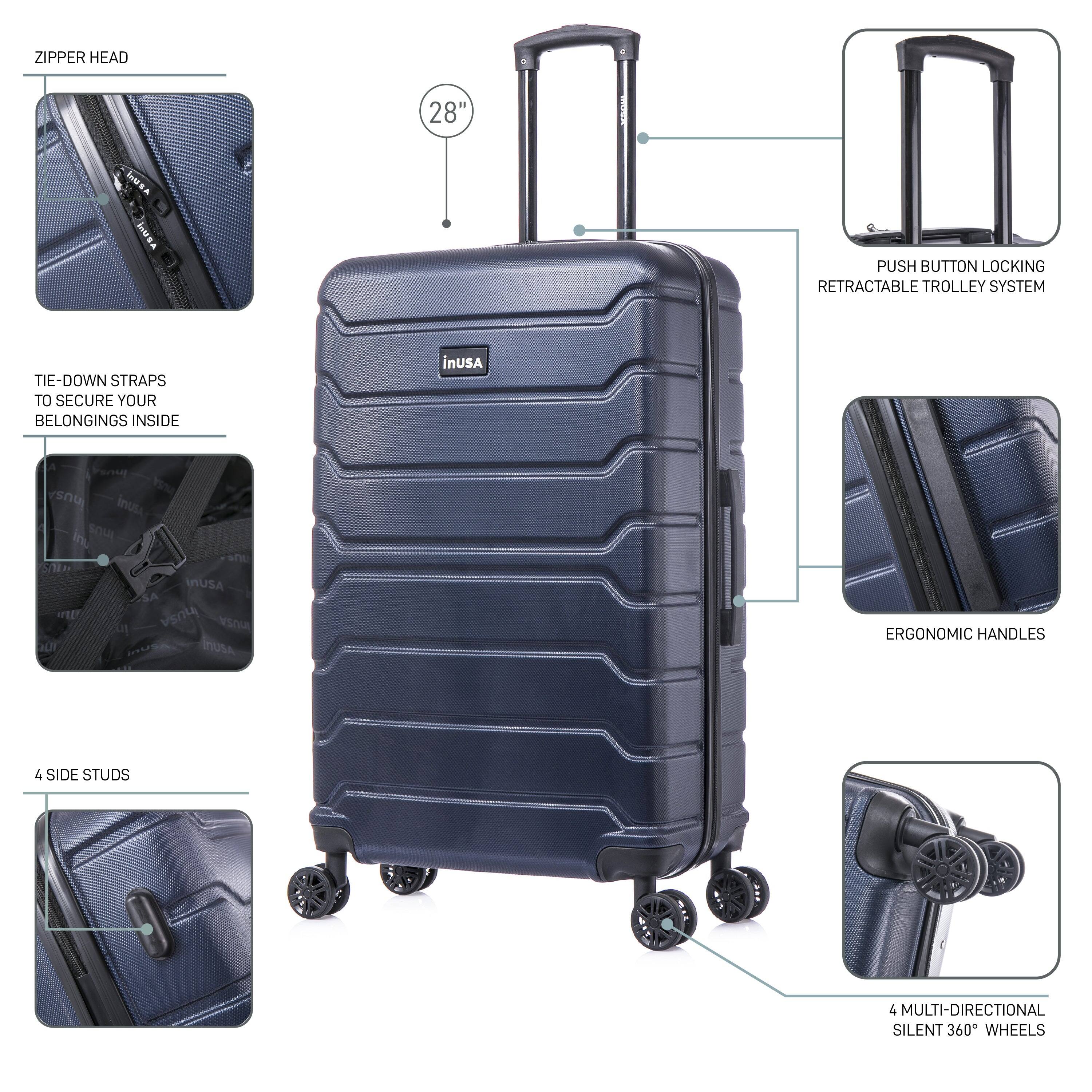 ZIPPER HEAD  
28"  
PUSH BUTTON LOCKING RETRACTABLE TROLLEY SYSTEM  
TIE-DOWN STRAPS TO SECURE YOUR BELONGINGS INSIDE  
ERGONOMIC HANDLES  
4 SIDE STUDS  
4 MULTI-DIRECTIONAL SILENT 360° WHEELS