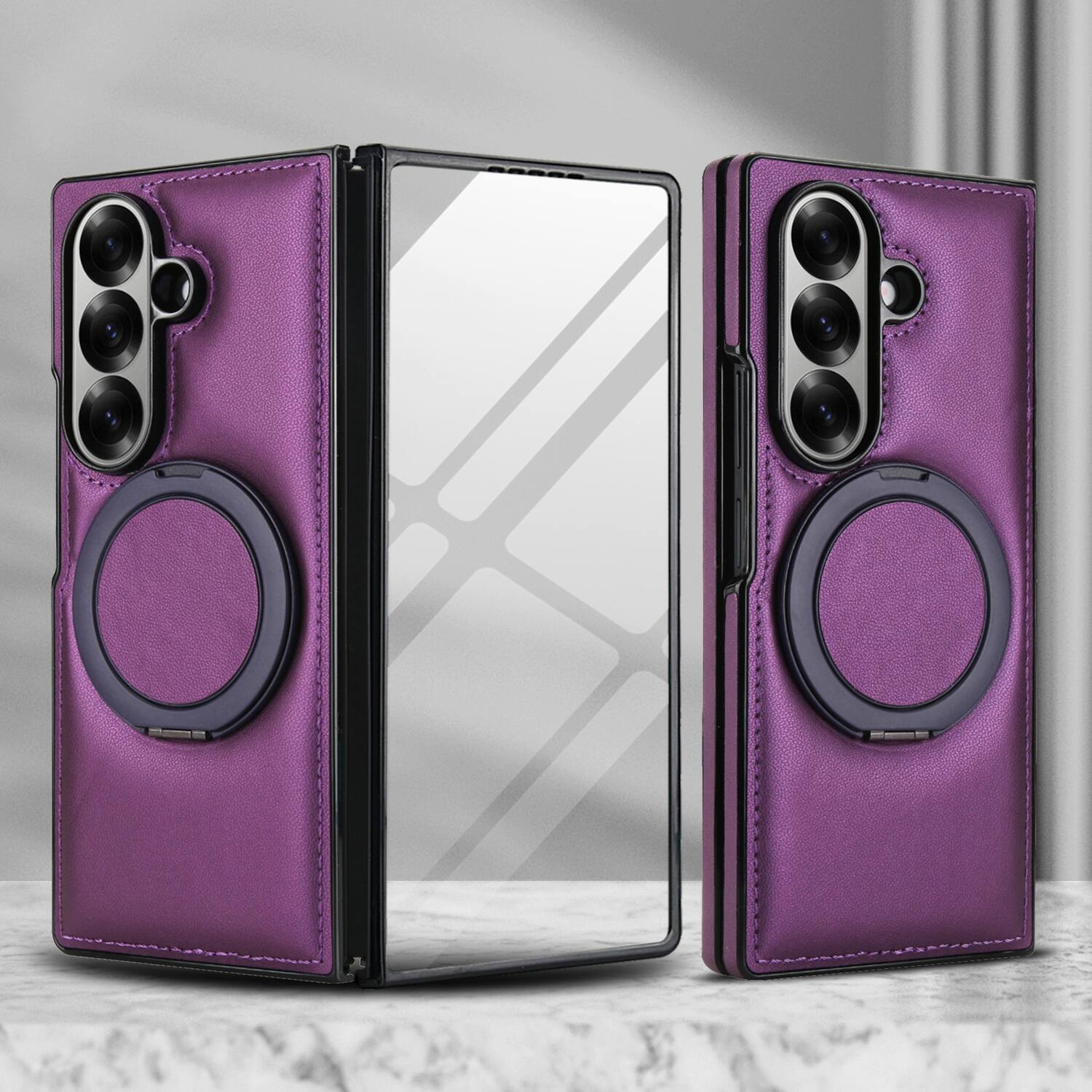 Alt View 4. Dteck - Magnetic Case for Samsung Galaxy Z Fold7 with Ring Kickstand,Built-in Screen Protector,Faux Leather Shockproof Cover - Darkpurple.