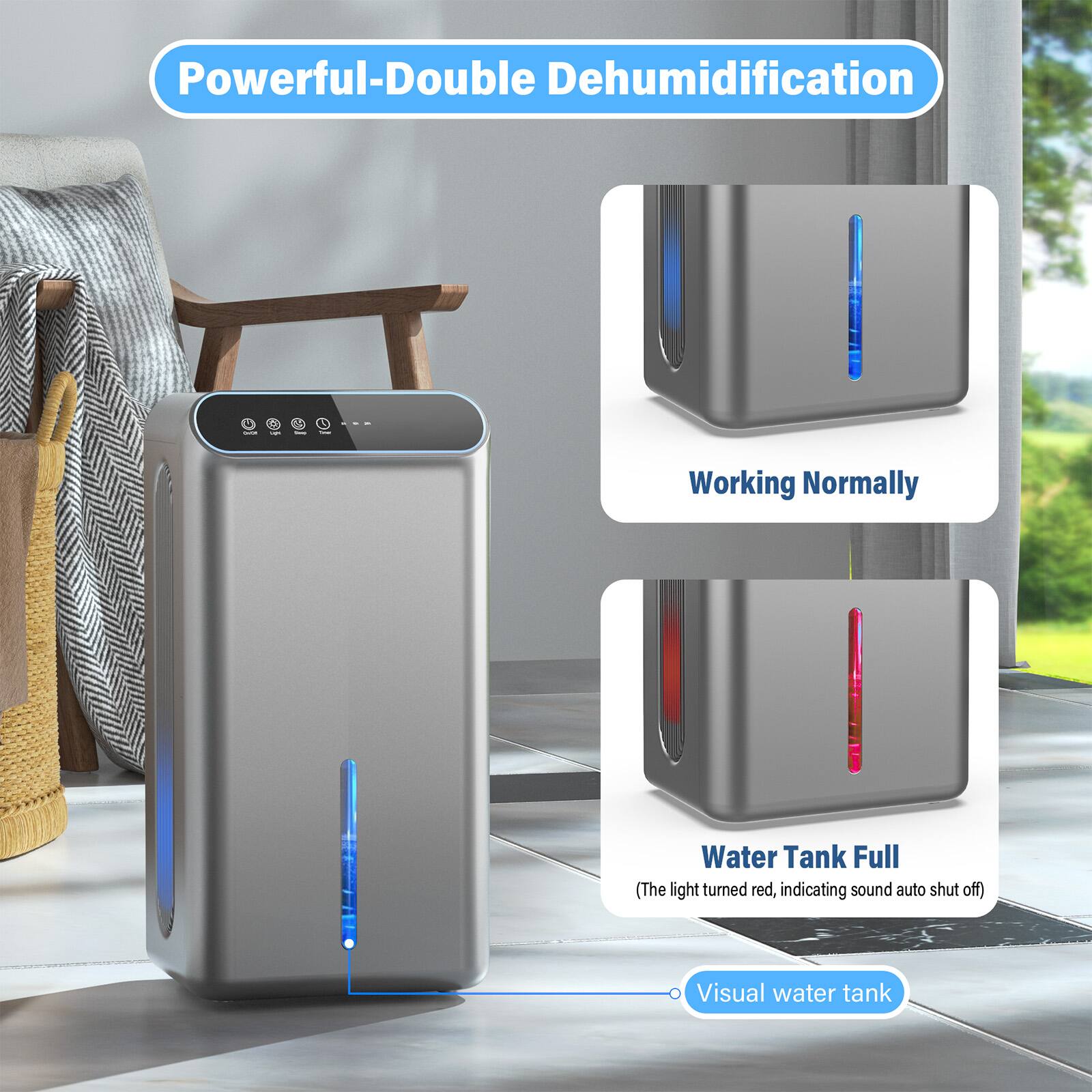 Powerful-Double Dehumidification

Working Normally

Water Tank Full  
(The light turned red, indicating sound auto shut off)

Visual water tank