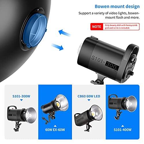 Bowen mount design  
Support a variety of video lights, bowen-mount flash and more.  
Only beauty dish with honeycomb grid and scrim is included.  

S101-300  
S101-300W  
CB60 60W LED  
S101-400W  

60W EX-60W