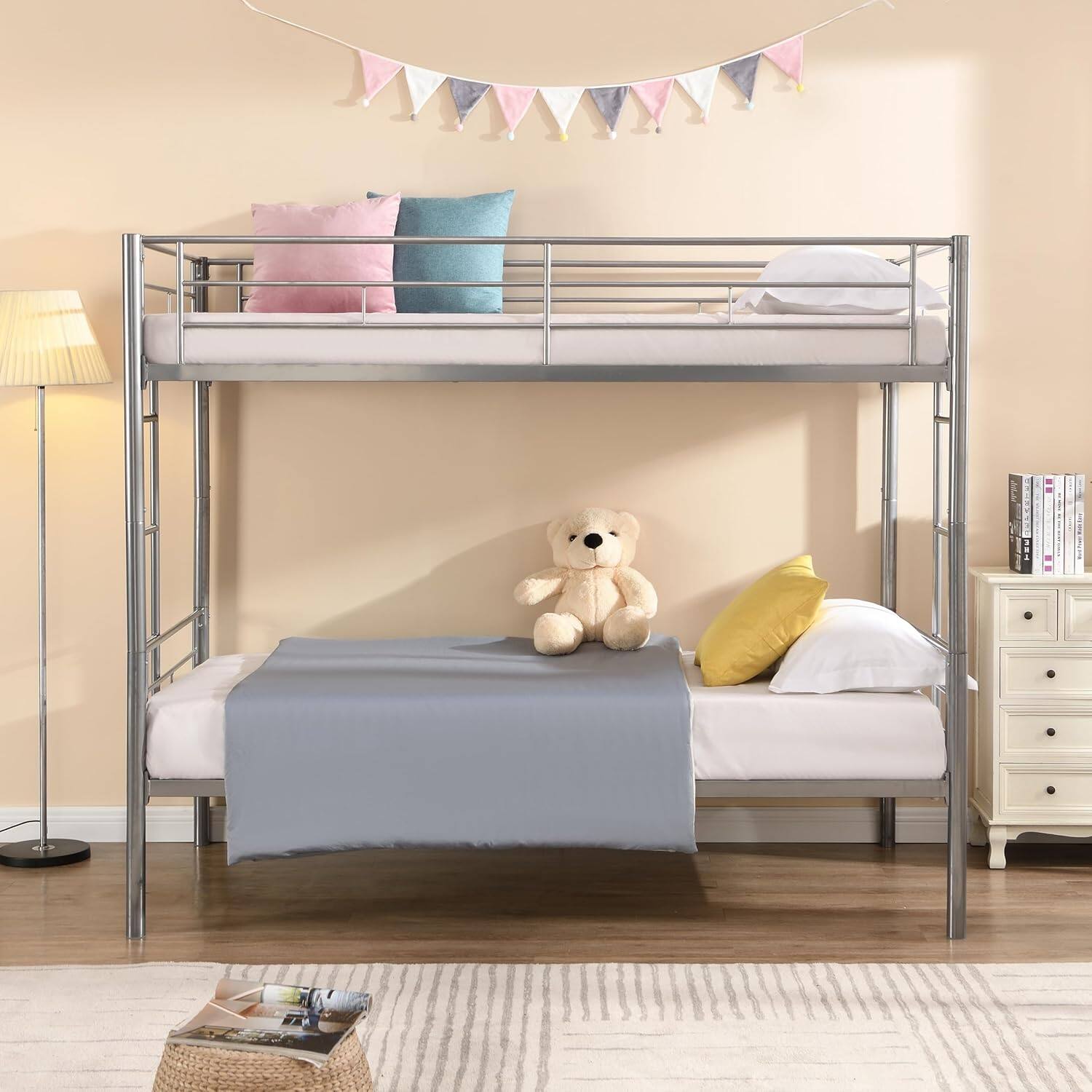 Front. Trinkets Crazed - Twin Over Twin Size Metal Detachable Bunk Bed Frame with 2 Side Ladder and Guardrail - sliver.