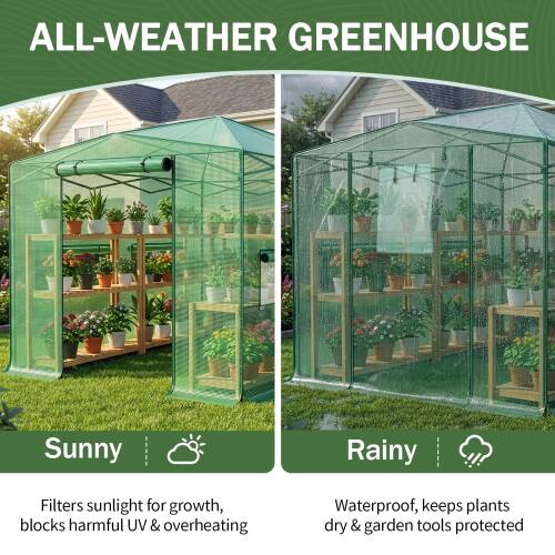 ALL-WEATHER GREENHOUSE

Sunny
Filters sunlight for growth, blocks harmful UV & overheating

Rainy
Waterproof, keeps plants dry & garden tools protected
