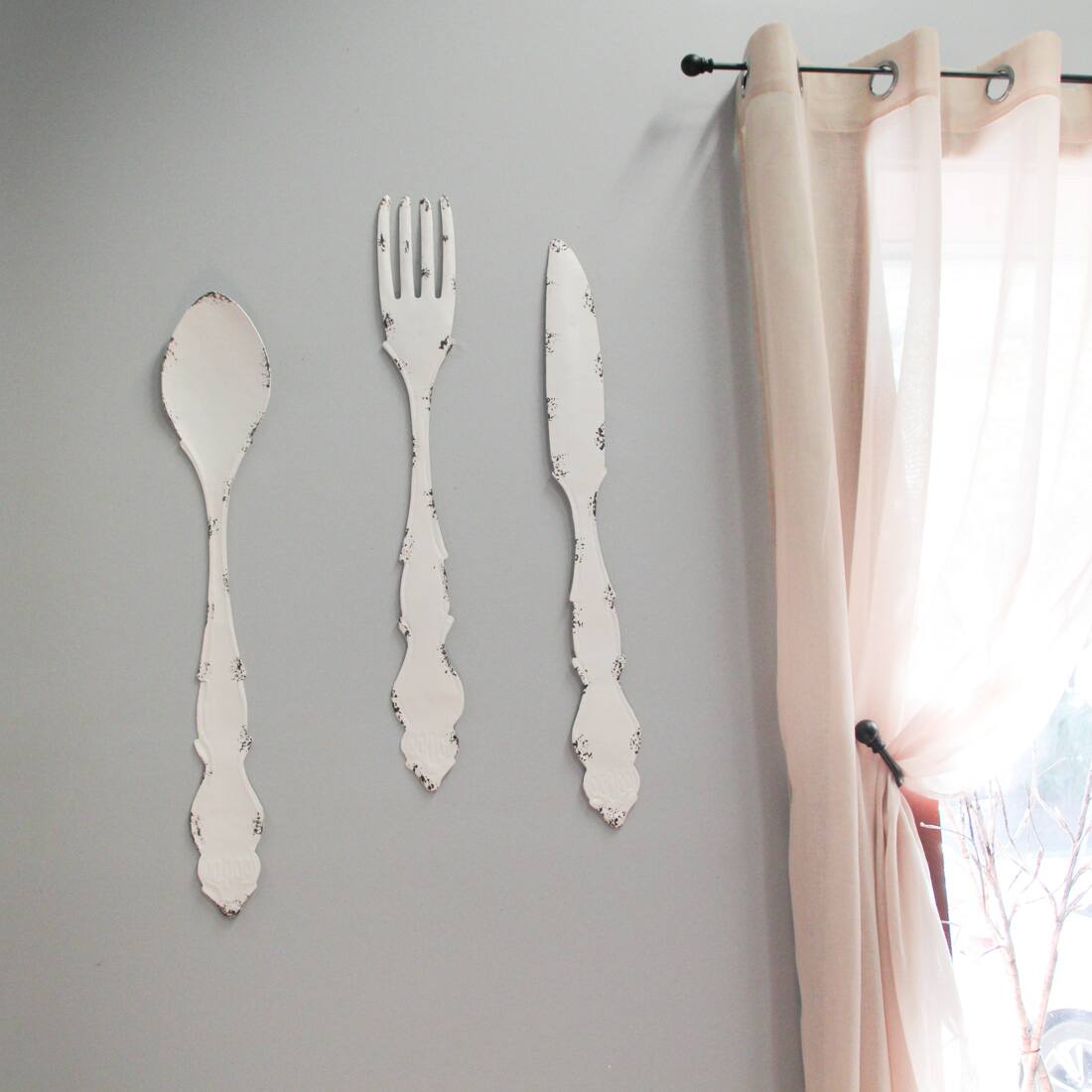 Alt View 3. Zeckos - 30 In Large Utensil Wall Art Decorative Knife Spoon Fork Farmhouse Kitchen Decor - White.