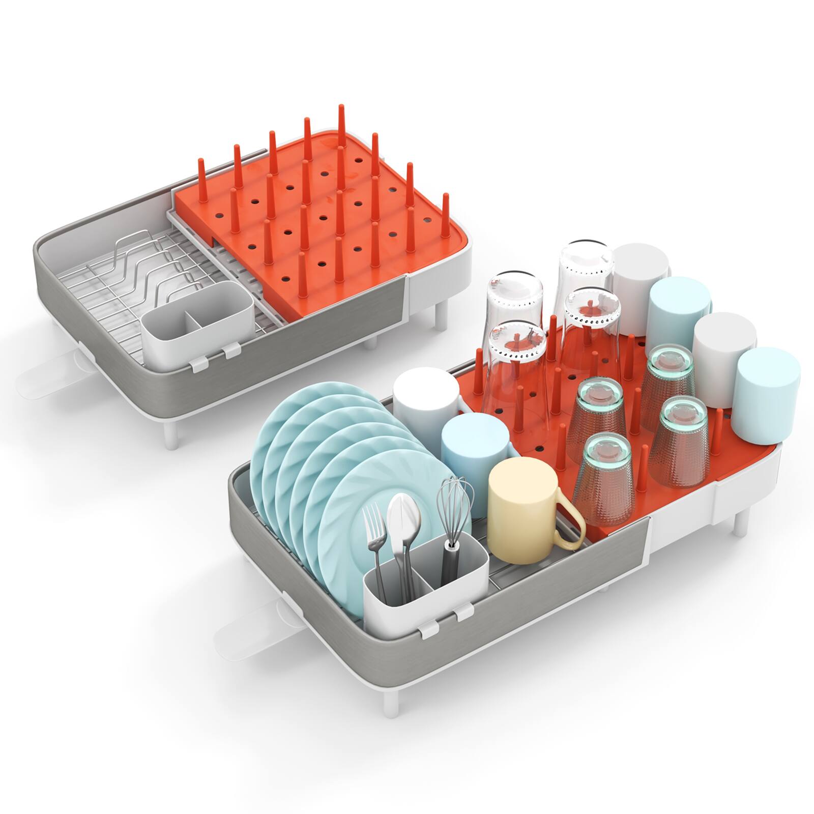 Back. SlickBlue - Adjustable Expandable Dish Rack with Dual-Part Drainer and Detachable Utensil Cup - White.