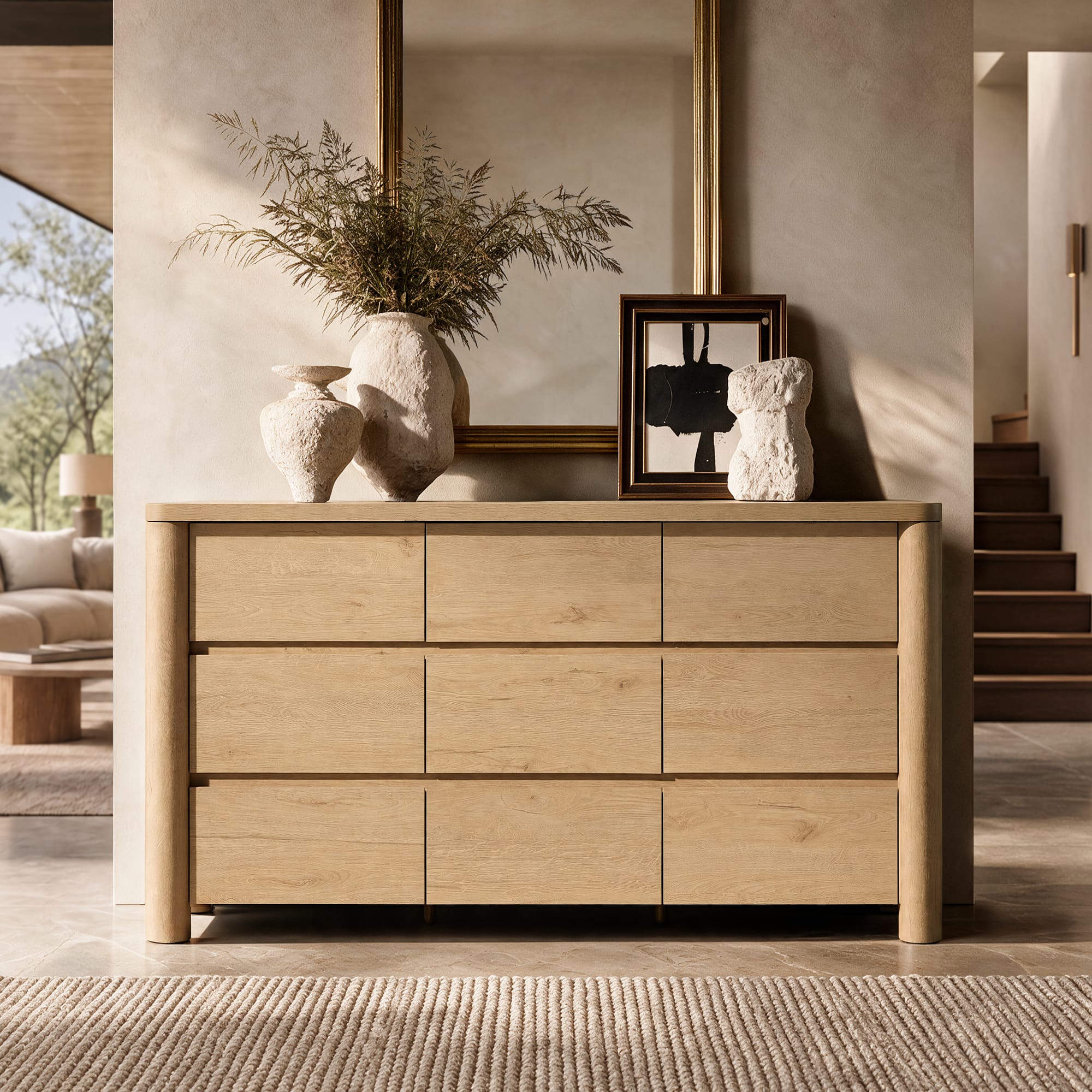 ModernMate - 9 Drawers Dresser Modern Natural Wood 63" W Dresser Chest for Bedroom Living Room - Natural Oak