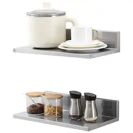VEVOR - 8.6" x 16" Stainless Steel Shelf, Wall Mounted Floating Shelving with Backsplash,44 lbs Load Capacity Commercial Shelves - Silver