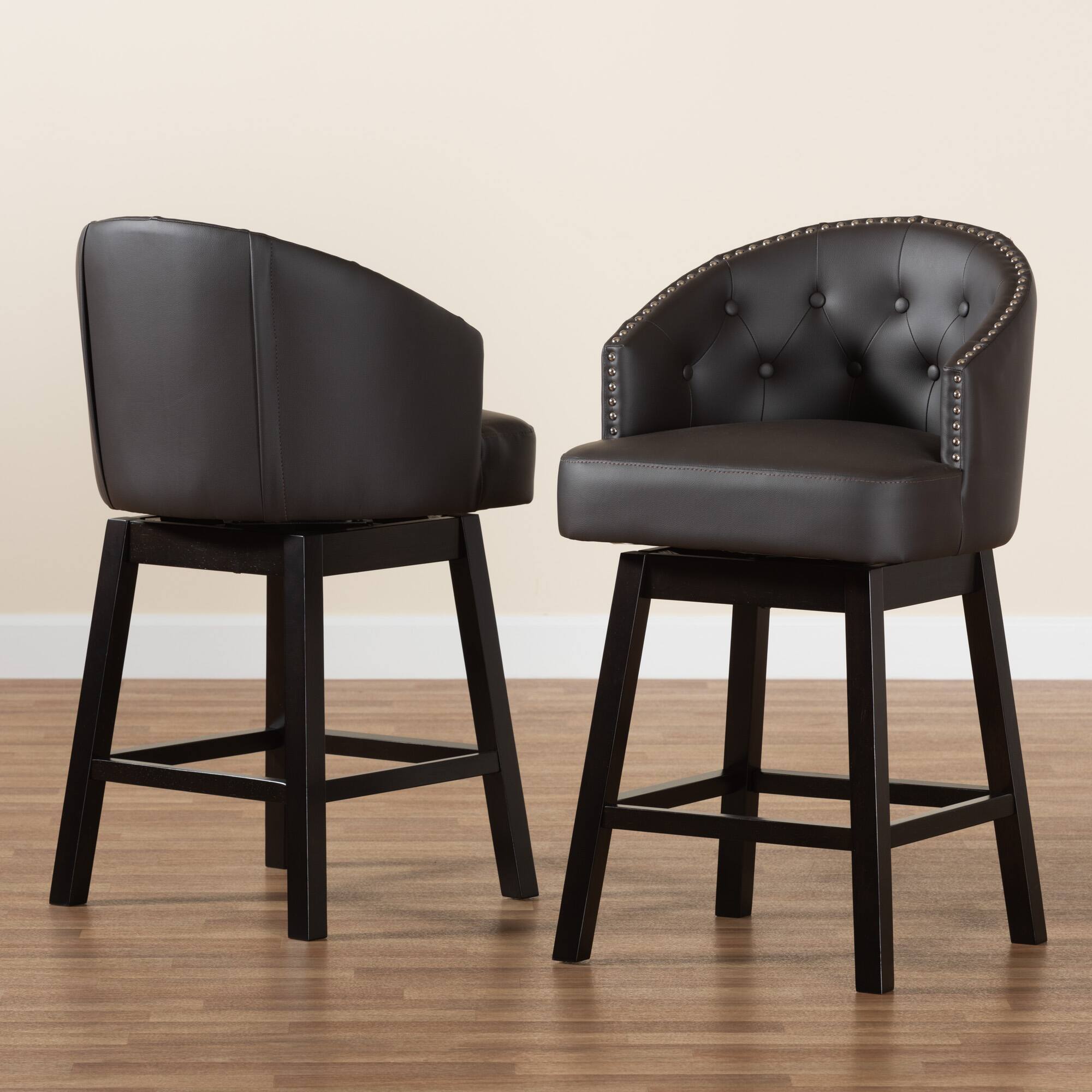 Alt View 4. Baxton Studio - Theron Mid-Century Transitional Faux Leather and Espresso Finished Wood 2-Piece Swivel Counter Stool Set - Dark Brown/Espresso Brown.