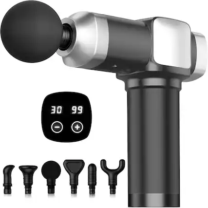 Front. Core Tech - Deep-Tissue Percussion Massage Gun with 30 Speeds, 6 Massage Heads and LCD Touchscreen - Black/Gray.