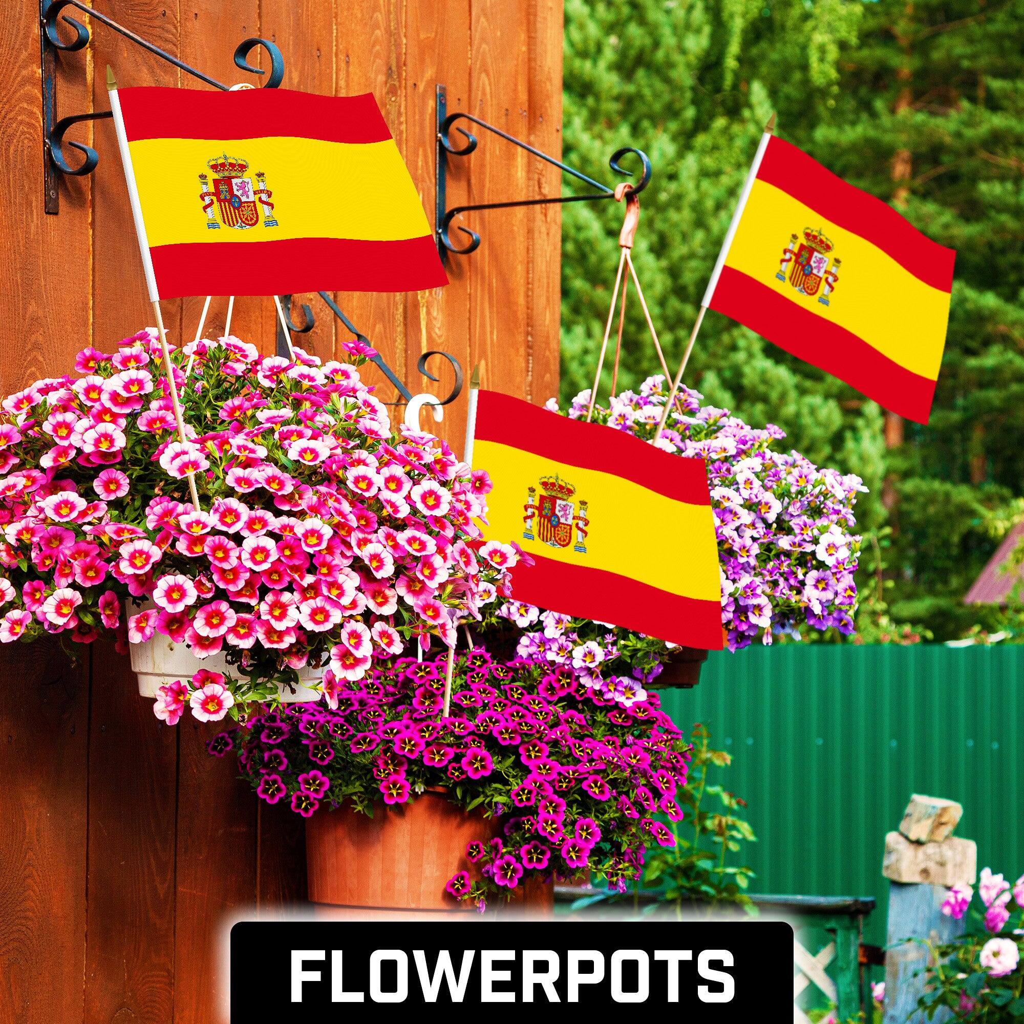 Angle. G128 - 30-Pack Handheld Spain Flags — 12" x 18" 150D Polyester with Wooden Pole and Gold Spear Tip. - Assorted Colors.