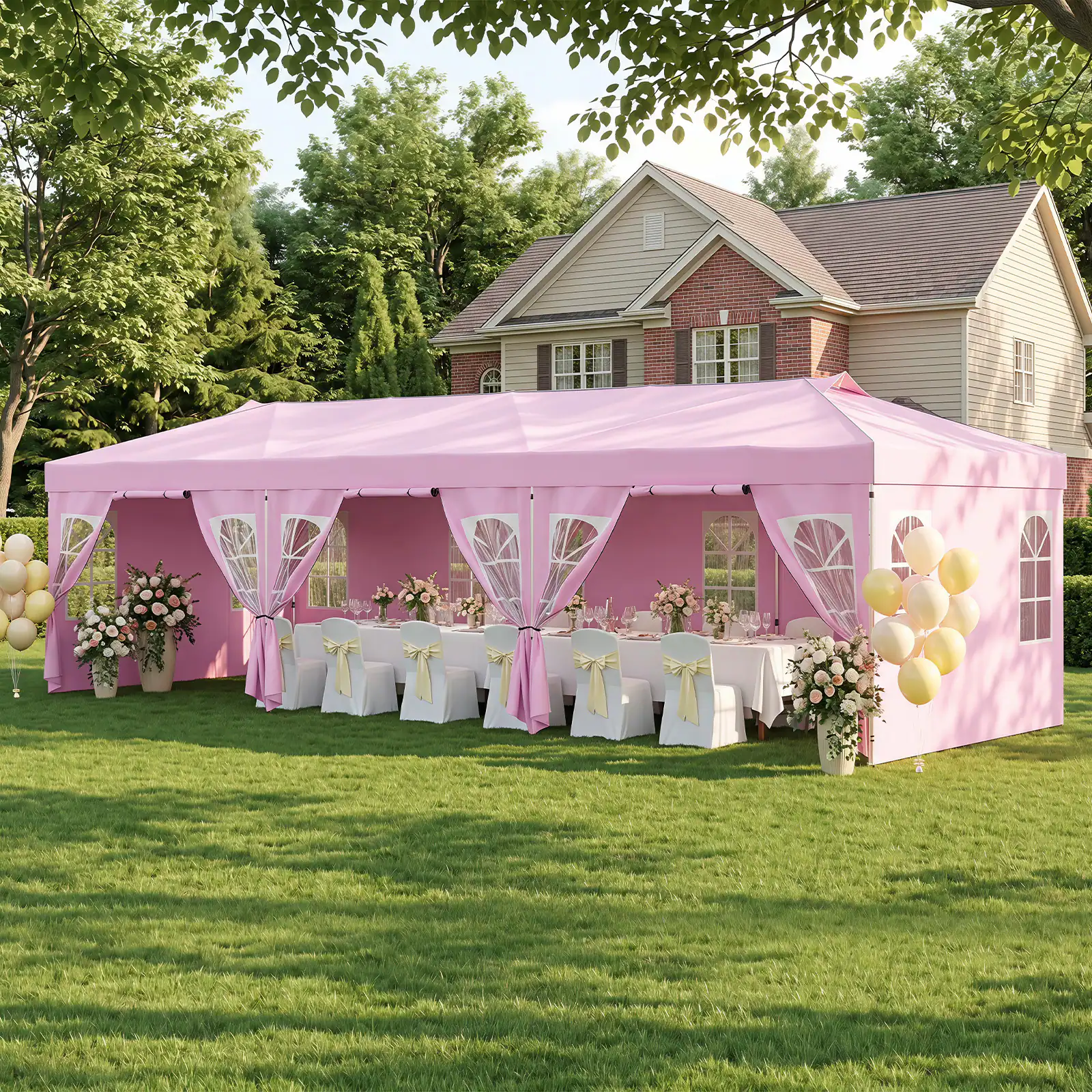 Alt View 1. Costway - Costway 10 x 30 FT Pop Up Canopy Tent with 8 Sidewalls Adjustable Height Reflective Strips - Pink.