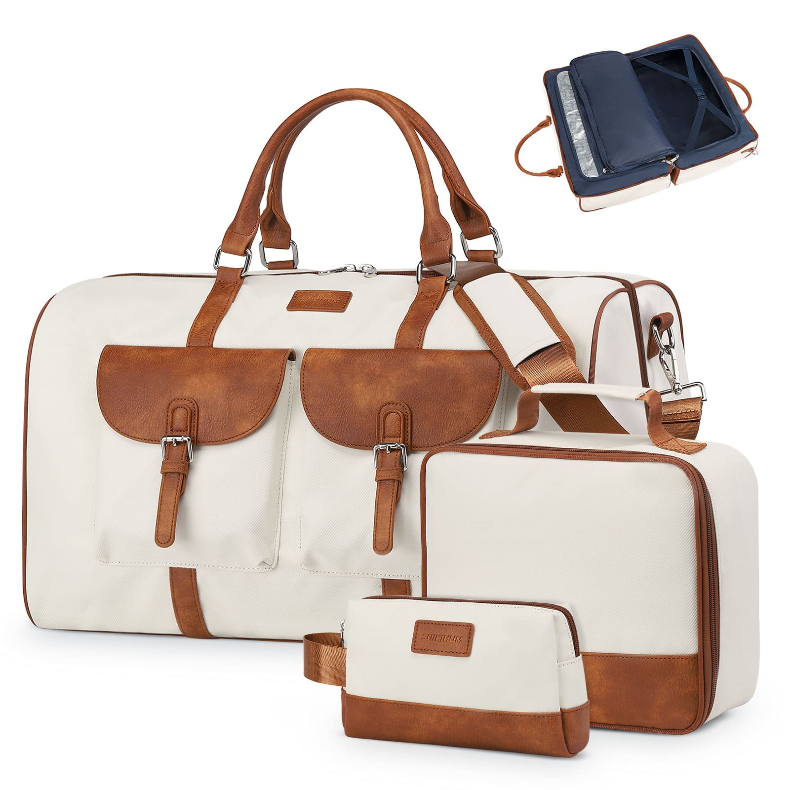 Unique Bargains - 3pcs Lay-Flat Duffel Bag Set Stylish Weekend Travel Set with Laptop Sleeve & Wet/Dry Storage Carry-On & Short Getaways - White