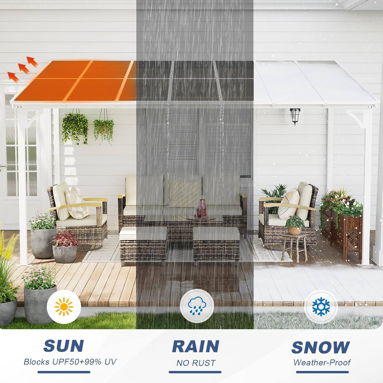 SUN  
Blocks UPF50+99% UV  

RAIN  
NO RUST  

SNOW  
Weather-Proof