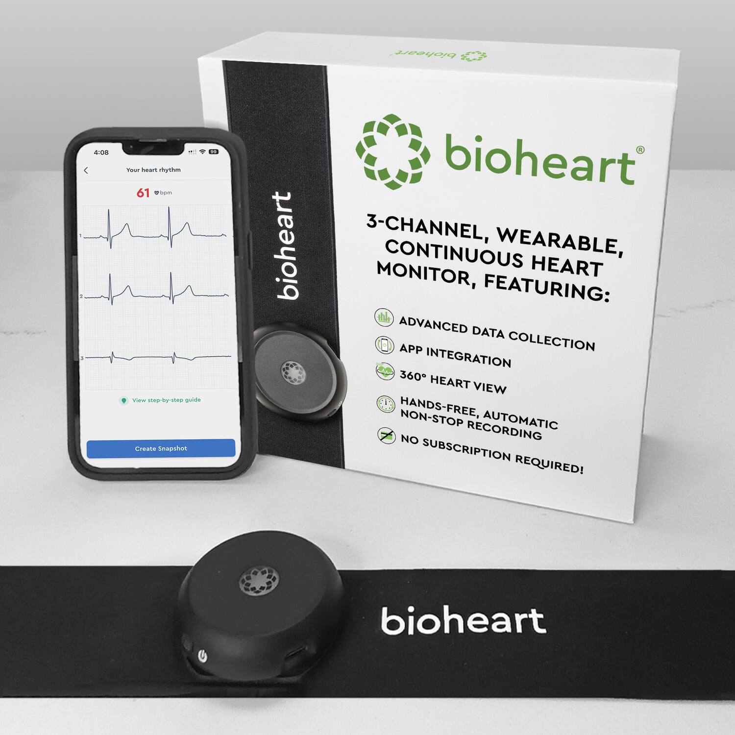 biohear - 408 1 - heart rhythm 61  
view step-by-step guide  
Create Snapshot  
bioheart bioheart  
3-CHANNEL, WEARABLE, CONTINUOUS HEART MONITOR, FEATURING:  
ADVANCED DATA COLLECTION  
APP INTEGRATION  
360° HEART VIEW  
HANDS-FREE, AUTOMATIC NON-STOP RECORDING  
NO SUBSCRIPTION REQUIRED!