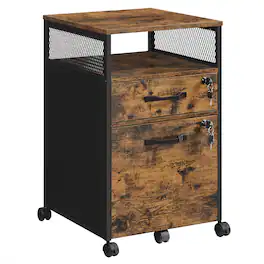 Songmics Home - File Cabinet, Mobile Filing Cabinet with Wheels, 2 Lockable Drawers, Open Shelf, for A4, Letter Size - Rustic Brown and Ink Black