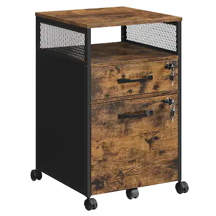 Front. Songmics Home - File Cabinet, Mobile Filing Cabinet with Wheels, 2 Lockable Drawers, Open Shelf, for A4, Letter Size - Rustic Brown and Ink Black.