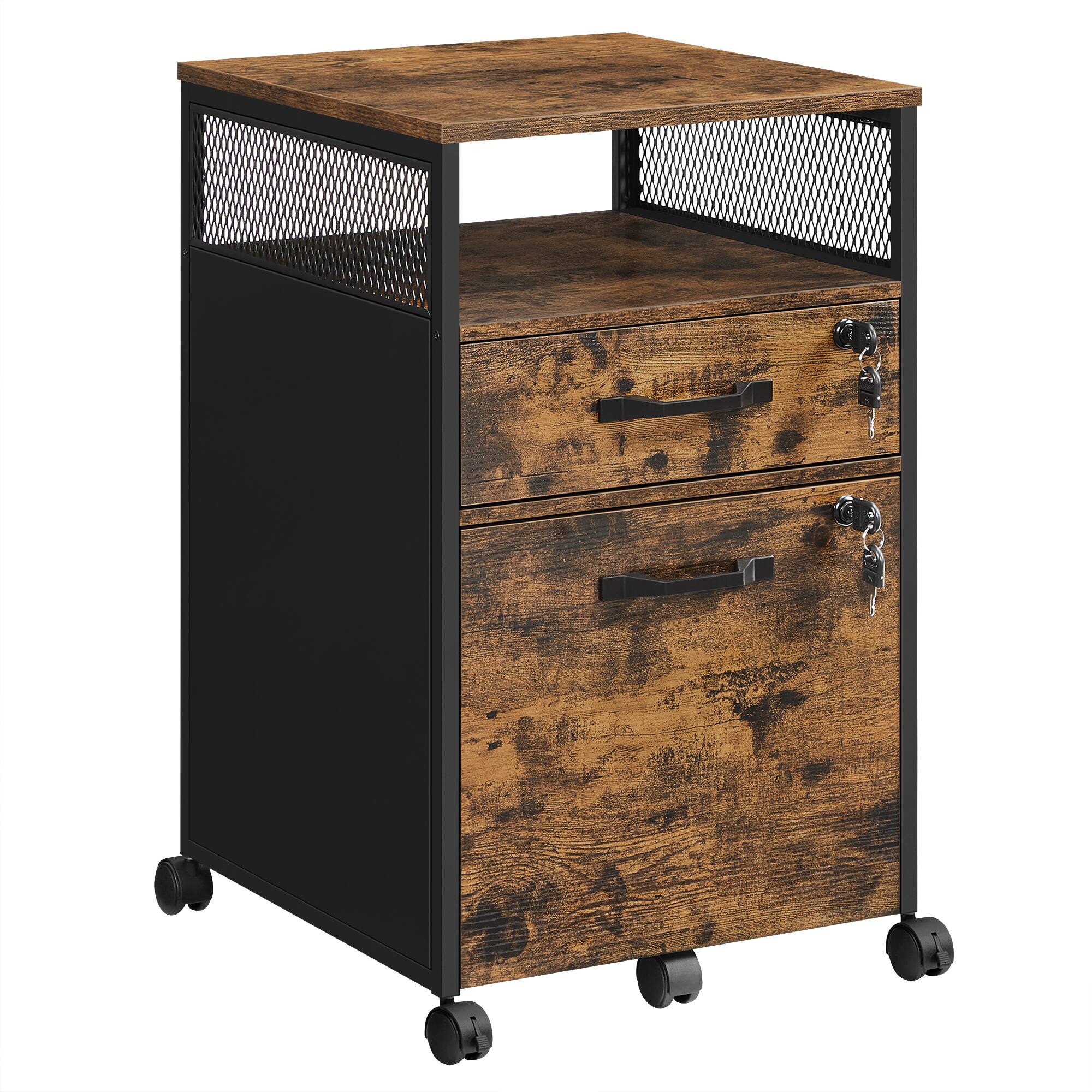 Front. Songmics Home - File Cabinet, Mobile Filing Cabinet with Wheels, 2 Lockable Drawers, Open Shelf, for A4, Letter Size - Rustic Brown and Ink Black.