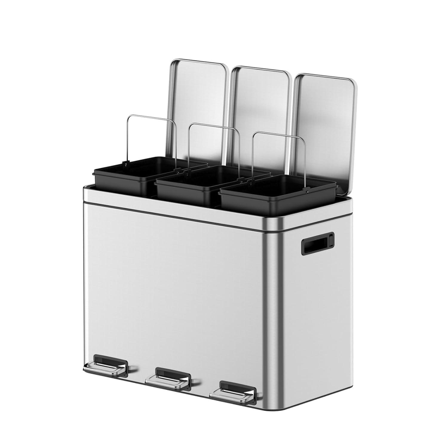 Front. Homhougo - 3 Compartments Trash Can, 3 x 4 Gal (3 x 15L) Stainless Steel Trash Can with Recycling Bin, Soft-Close Lid - Silver.