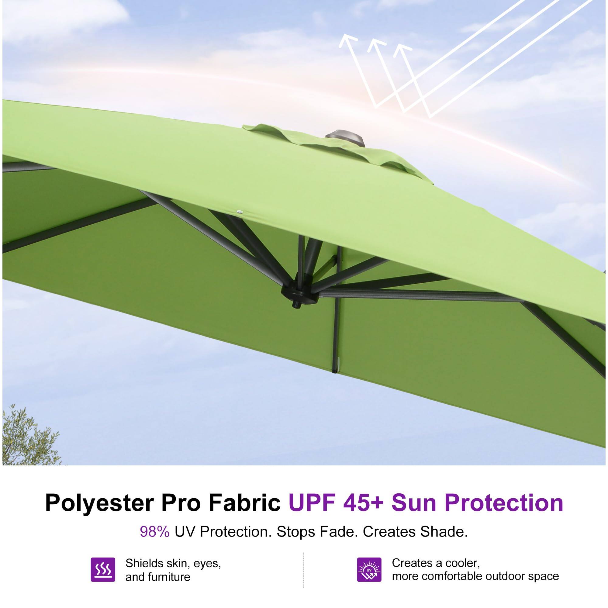 Polyester Pro Fabric UPF 45+ Sun Protection

98% UV Protection. Stops Fade. Creates Shade.

- Shields skin, eyes, and furniture
- Creates a cooler, more comfortable outdoor space