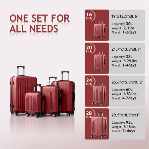 ONE SET FOR ALL NEEDS

16 Inch  
19"x12.5"x8.6"  
Capacity: 30L  
Weight: 2.1 lbs  
Travel: 1-2 days

20 Inch  
21.7"x13.8"x8.7"  
Capacity: 38L  
Weight: 5.29 lbs  
Travel: 1-4 days

24 Inch  
25.6"x15.8"x10.2"  
Capacity: 60L  
Weight: 6.83 lbs  
Travel: 4-7 days

28 Inch  
29.5"x18.9"x11"  
Capacity: 93L  
Weight: 8.16 lbs  
Travel: 7+ days