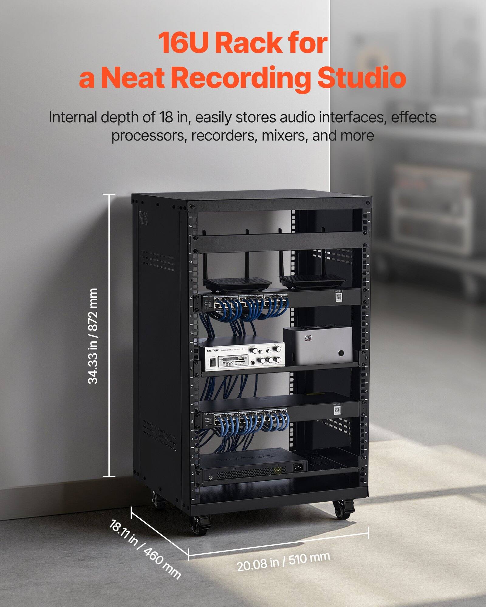 16U Rack for a Neat Recording Studio

Internal depth of 18 in, easily stores audio interfaces, effects processors, recorders, mixers, and more

34.33 in / 872 mm

18.11 in / 460 mm

20.08 in / 510 mm