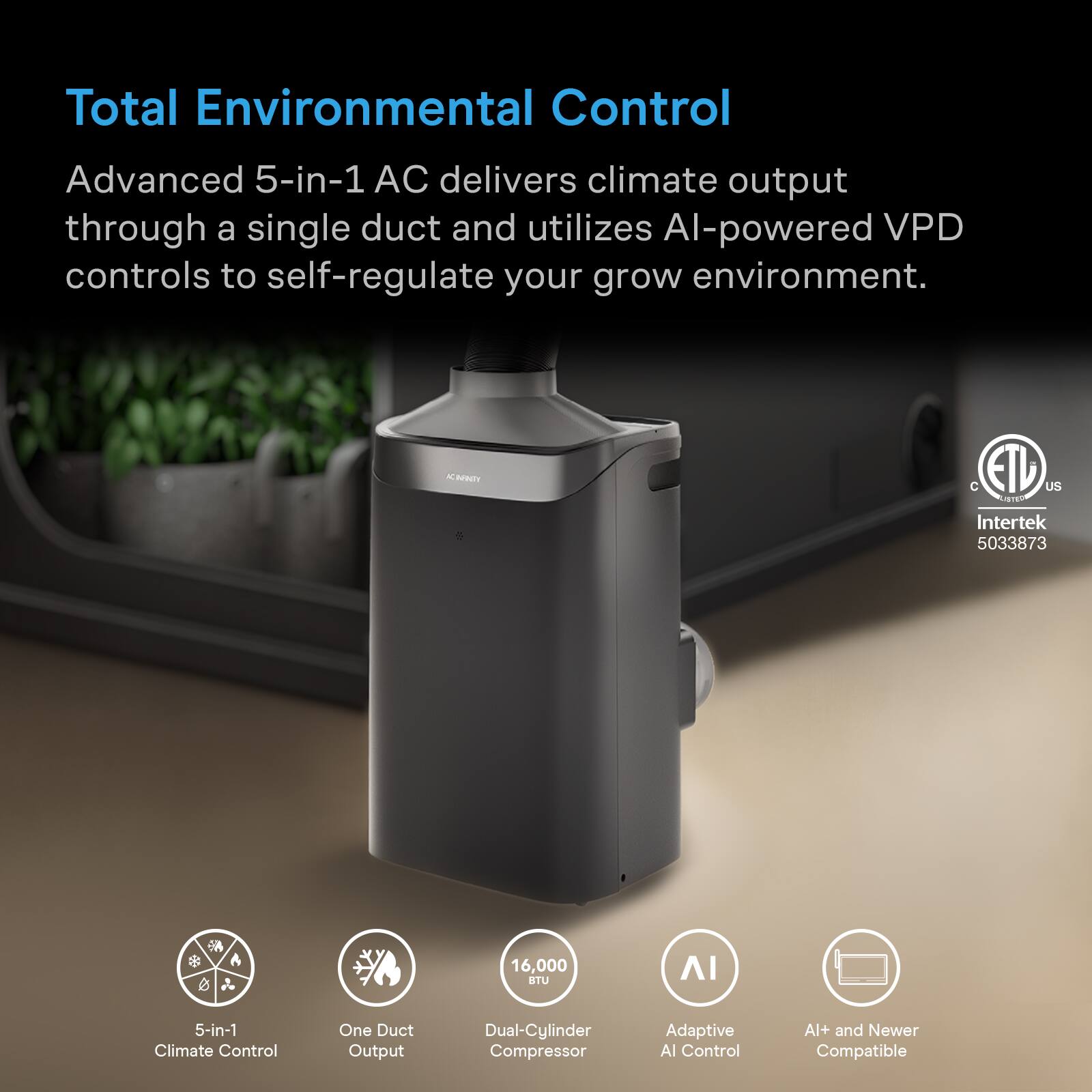 Total Environmental Control

Advanced 5-in-1 AC delivers climate output through a single duct and utilizes AI-powered VPD controls to self-regulate your grow environment.

- 5-in-1 Climate Control
- One Duct Output
- Dual-Cylinder Compressor
- Adaptive AI Control
- AI+ and Newer Compatible

16,000 BTU

ETL US
Intertek 5033873