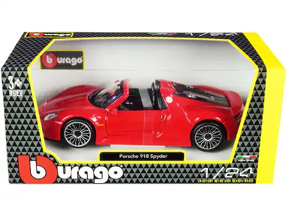Sure, here is the corrected and grouped text from the image:
---
**Burago**
**3+ AGES**
**Porsche 918 Spyder**
**1/24**
**DIE-CAST METAL WITH PLASTIC PARTS**
**Indian Design**
---
**Burago**