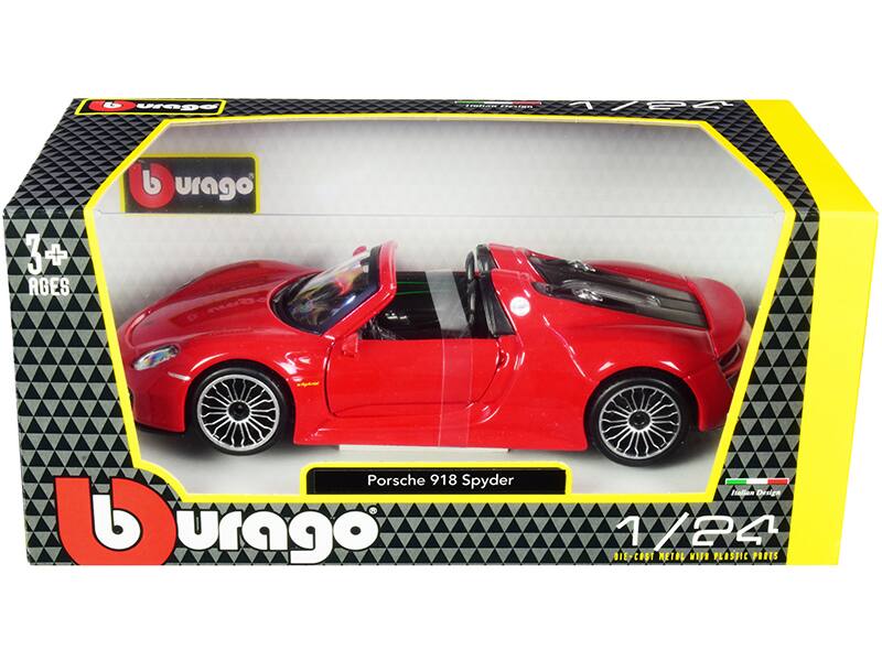Sure, here is the corrected and grouped text from the image:

---

**Burago**

**3+ AGES**

**Porsche 918 Spyder**

**1/24**

**DIE-CAST METAL WITH PLASTIC PARTS**

**Indian Design**

---

**Burago**