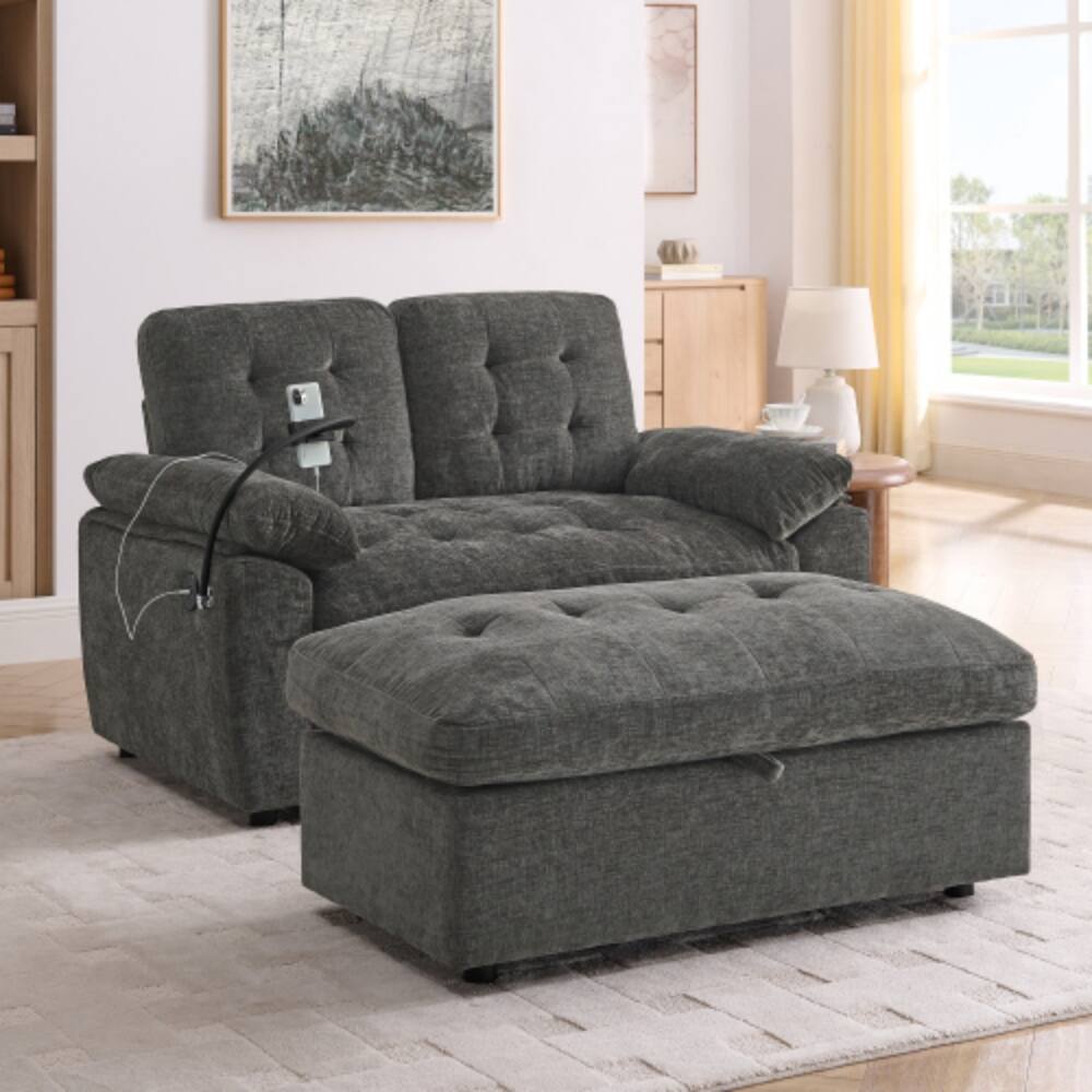Angle. LUCKY ONE - Double Sofa Recliner with Manual Adjustable Backrest,USB Port,Phone Stand and Storage Ottoman - Gray.