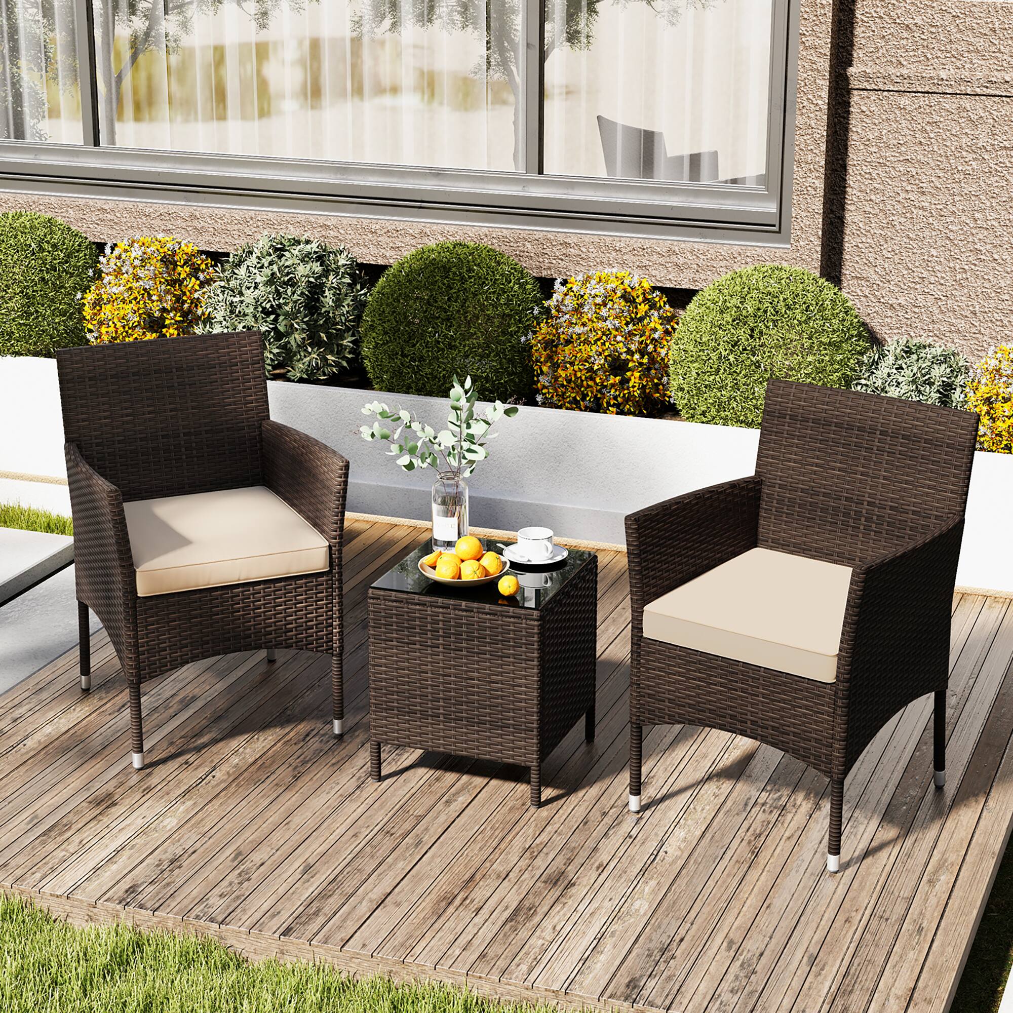 Alt View 8. Gymax - Gymax 3 PCS Outdoor Conversation Set w/ Cushioned Seat & Tempered Glass Tabletop - Mix Brown.