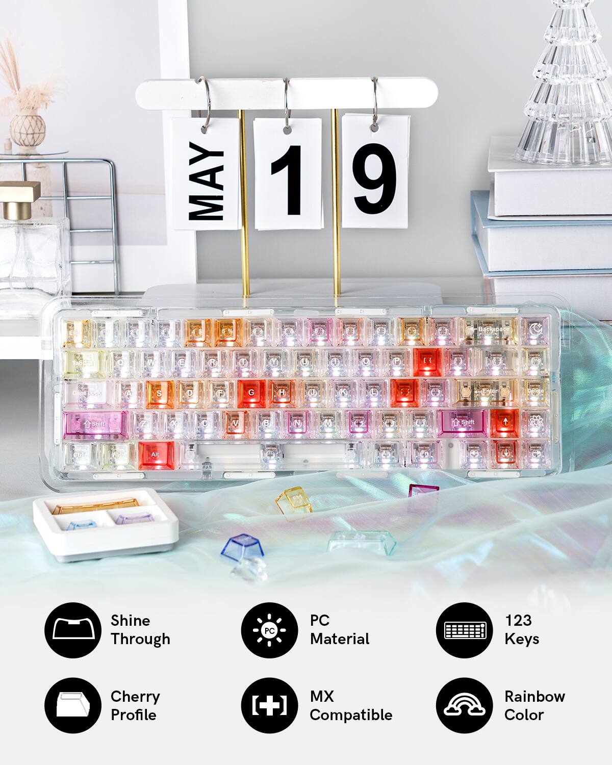 MAY 1 9  
Recipac Table R  
U EE Cood A S D F G H K  
A nsnter 1  
Shad + V B N 43  
Shi SU  
13 Shine Through  
PC Material  
123 Keys  
Cherry Profile MX  
[+] Compatible  
Rainbow Color