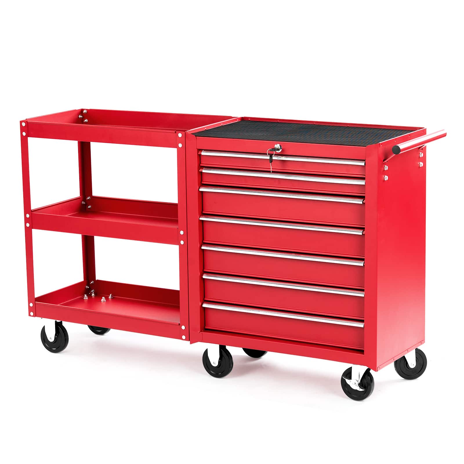 Winado - 7-Drawer Tool Chest with Side Shelves, Lock & Key, 6 Wheels Tool Box Tool Storage Cart Organizer for Workshop and Garage - Red