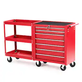 Winado - 7-Drawer Tool Chest with Side Shelves, Lock & Key, 6 Wheels Tool Box Tool Storage Cart Organizer for Workshop and Garage - Red