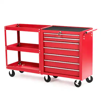 Front. Winado - 7-Drawer Tool Chest with Side Shelves, Lock & Key, 6 Wheels Tool Box Tool Storage Cart Organizer for Workshop and Garage - Red.